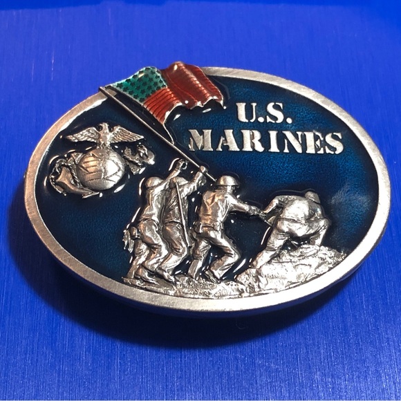 VTG Siskiyou Bergamot Brass Belt Buckle US Marine Enamel Pewter IWO Jima Solider - Picture 1 of 12